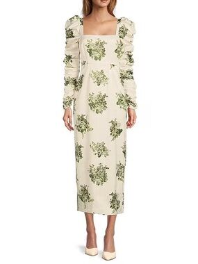 Antonio Melani crepe square neck long sleeved ruched floral midi dress